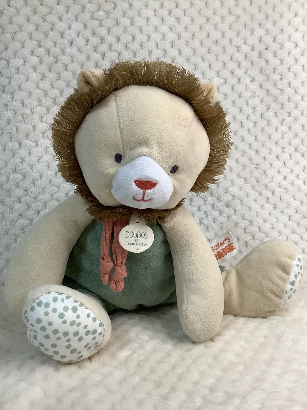 Doudou et Compagnie Paris Beige Green Plush Lion DC4069 Stuffed Animal Toy